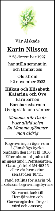 Familj Dödsannonser Blekinge Läns Tidning