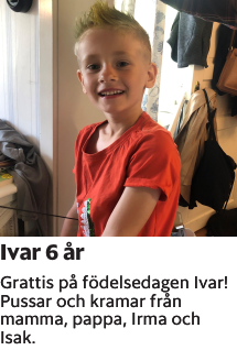 Grattis på födelsedagen Ivar!Pussar och kramar från mamma, pappa, Irma och Isak.
Borås Tidning

Publiceringsdag: 20221120
Uppdaterad: 2022-11-14 07:39:48