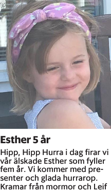 Hipp, Hipp Hurra i dag firar vi vår älskade Esther som fyller fem år. Vi kommer med presenter och glada hurrarop. Kramar från mormor och Leif
Barometern-Ot

Publiceringsdag: 20231118
Uppdaterad: 2023-11-13 08:07:41