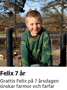 Grattis Felix på 7 årsdagen önskar farmor och farfar
Smålandsposten

Publiceringsdag: 20240416
Uppdaterad: 2024-04-11 08:19:08