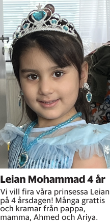 Vi vill fira våra prinsessa Leian på 4 årsdagen! Många grattis och kramar från pappa, mamma, Ahmed och Ariya.
Smålandsposten

Publiceringsdag: 20240424
Uppdaterad: 2024-04-12 08:38:23