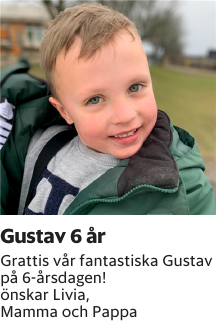 Grattis vår fantastiska Gustav på 6-årsdagen!önskar Livia, Mamma och Pappa
Ystads Allehanda

Publiceringsdag: 20240417
Uppdaterad: 2024-04-12 16:13:37