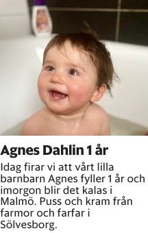 Idag firar vi att vårt lilla barnbarn Agnes fyller 1 år och imorgon blir det kalas i Malmö. Puss och kram från farmor och farfar i Sölvesborg.
Sydöstran

Publiceringsdag: 20240426
Uppdaterad: 2024-04-22 11:55:29