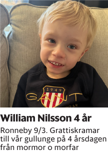Ronneby 9/3. Grattiskramar till vår gullunge på 4 årsdagen från mormor o morfar 
Blekinge läns Tidning

Publiceringsdag: 20250308
Uppdaterad: 2025-03-03 09:38:38