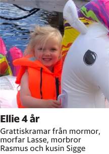 Grattiskramar från mormor, morfar Lasse, morbror Rasmus och kusin Sigge
Blekinge läns Tidning

Publiceringsdag: 20250503
Uppdaterad: 2025-04-23 10:25:04