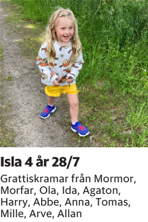 Grattiskramar från Mormor, Morfar, Ola, Ida, Agaton, Harry, Abbe, Anna, Tomas, Mille, Arve, Allan
Kristianstadsbladet NSK

Publiceringsdag: 20250728
Uppdaterad: 2025-07-18 09:32:04