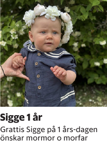 Grattis Sigge på 1 års-dagen önskar mormor o morfar
Barometern-Ot

Publiceringsdag: 20251006
Uppdaterad: 2025-09-24 12:03:16