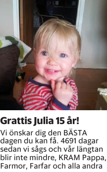 Vi önskar dig den BÄSTA dagen du kan få. 4691 dagar sedan vi sågs och vår längtan blir inte mindre, KRAM Pappa, Farmor, Farfar och alla andra
Kristianstadsbladet NSK

Publiceringsdag: 20251031
Uppdaterad: 2025-10-27 08:47:31