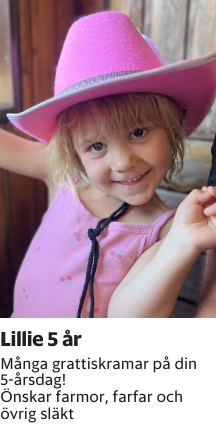 Många grattiskramar på din 5-årsdag!Önskar farmor, farfar och övrig släkt 
Borås Tidning

Publiceringsdag: 20260228
Uppdaterad: 2026-02-16 16:08:35