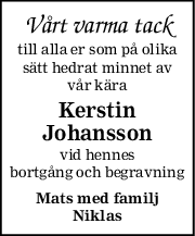 Vårt varma tack
till alla er som på olika
sätt hedrat minnet av
vår kära
Kerstin
Johansson
vid hennes
bortgång och begravning
Mats med familj
Niklas
