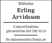 Rättelse 
Erling 
Arvidsson 
Cancerfondens 
gåvotelefon 010 199 10 10 
Se minnessidor.fonus.se 
