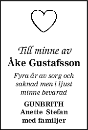 Till minne av
Åke Gustafsson
Fyra år av sorg och
saknad men i ljust
minne bevarad
GUNBRITH
Anette  Stefan
med familjer
