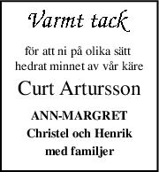 för att ni på olika sätt 
hedrat minnet av vår käre
Curt Artursson
ANN-MARGRET
Christel och Henrik
med familjer
