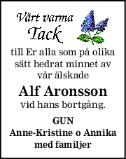 till Er alla som på olika
sätt hedrat minnet av
vår älskade
Alf Aronsson
vid hans bortgång.
GUN
AnneKristine o Annika
med familjer
