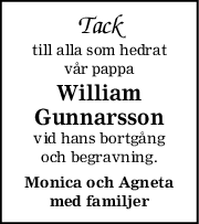 Tack
till alla som hedrat
vår pappa
William
Gunnarsson
vid hans bortgång
och begravning.
Monica och Agneta
med familjer
