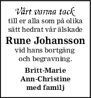 till er alla som på olika
sätt hedrat vår älskade
Rune Johansson
vid hans bortgång 
och begravning.
BrittMarie
AnnChristine
med familj
