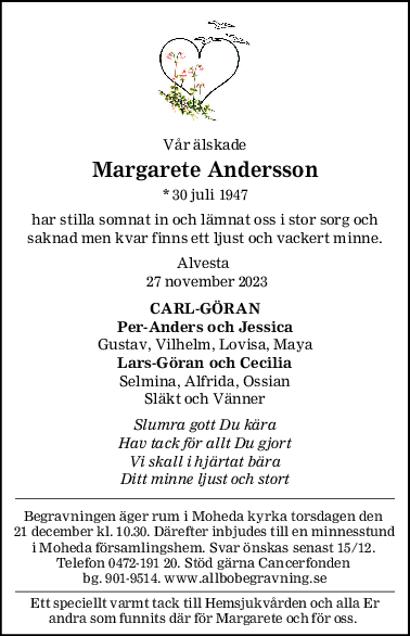 Vår älskade
Margarete Andersson
* 30 juli 1947
har stilla somnat in och lämnat oss i stor sorg och
saknad men kvar finns ett ljust och vackert minne.
Alvesta 
 27 november 2023
CARLGÖRAN
PerAnders och Jessica
Gustav, Vilhelm, Lovisa, Maya
LarsGöran och Cecilia
Selmina, Alfrida, Ossian
Släkt och Vänner
Slumra gott Du kära
Hav tack för allt Du gjort
Vi skall i hjärtat bära
Ditt minne ljust och stort
Begravningen äger rum i Moheda kyrka torsdagen den 
21 december kl. 10.30. Därefter inbjudes till en minnesstund
i Moheda församlingshem. Svar önskas senast 15/12. 
Telefon 0472-191 20. Stöd gärna Cancerfonden 
bg. 901-9514. www.allbobegravning.se
Ett speciellt varmt tack till Hemsjukvården och alla Er
andra som funnits där för Margarete och för oss. 
