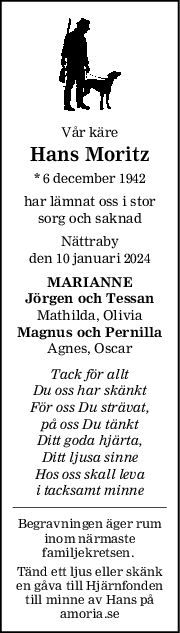 Vår käre
Hans Moritz
* 6 december 1942
har lämnat oss i stor
sorg och saknad
Nättraby
den 10 januari 2024
MARIANNE
Jörgen och Tessan
Mathilda, Olivia
Magnus och Pernilla
Agnes, Oscar
Tack för allt
Du oss har skänkt
För oss Du strävat,
på oss Du tänkt
Ditt goda hjärta,
Ditt ljusa sinne
Hos oss skall leva
i tacksamt minne
Begravningen äger rum
inom närmaste
familjekretsen. 
Tänd ett ljus eller skänk
en gåva till Hjärnfonden
till minne av Hans på
amoria.se
