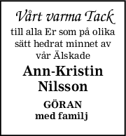 Vårt varma Tack
till alla Er som på olika
sätt hedrat minnet av
vår Älskade
AnnKristin
Nilsson
GÖRAN
med familj 
