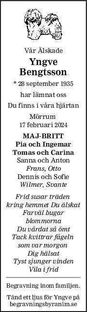 Vår Älskade
Yngve
Bengtsson
* 28 september 1935
har lämnat oss
Du finns i våra hjärtan
Mörrum 
17 februari 2024
MAJBRITT
Pia och Ingemar
Tomas och Carina
Sanna och Anton
Frans, Otto
Dennis och Sofie
Wilmer, Svante
Frid susar träden 
kring hemmet Du älskat
Farväl bugar
blommorna
Du vårdat så ömt
Tack kvittrar fågeln 
som var morgon 
Dig hälsat
Tyst sjunger vinden
Vila i frid
Begravning inom familjen.
Tänd ett ljus för Yngve på
begravningsbyranim.se
