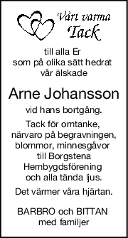 till alla Er 
som på olika sätt hedrat 
vår älskade
Arne Johansson
vid hans bortgång.
Tack för omtanke, 
närvaro på begravningen,
blommor, minnesgåvor 
till Borgstena
Hembygdsförening 
och alla tända ljus.
Det värmer våra hjärtan.
BARBRO och BITTAN 
med familjer
