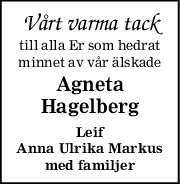 Vårt varma tack
till alla Er som hedrat
minnet av vår älskade
Agneta
Hagelberg
Leif
Anna Ulrika Markus
med familjer
