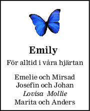 Emily 
För alltid i våra hjärtan
Emelie och Mirsad
Josefin och Johan
Lovisa  Mollie
Marita och Anders
