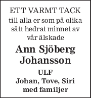 ETT VARMT TACK 
till alla er som på olika 
sätt hedrat minnet av 
vår älskade 
Ann Sjöberg 
Johansson 
ULF 
Johan, Tove, Siri 
med familjer 
