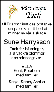 till Er som visat oss omtanke
och på olika sätt hedrat
minnet av vår älskade
Sune Harrysson
Tack för hälsningar,
alla vackra blommor
och minnesgåvor.
ELLA
Kent, Elisabeth
med familjer
Sonja, Sören, Annika
med familjer
