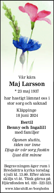 Vår kära
Maj Larsson
* 23 maj 1937
har hastigt lämnat oss i
stor sorg och saknad
Kläppinge 
18 juni 2024
Bertil
Benny och Ingalill 
med familjer
Ögonen slutits, 
tiden var inne
Djup är vår sorg fastän
ljust ditt minne
Begravningen äger rum i
Bredsättra kyrka torsdag 
4 juli kl. 13.00. Efter akten
skiljs vi åt. Tänk gärna på
Hjärnfonden tel. 020 - 523 523.
www.klarahill.se/borgholm
