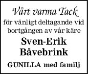 Vårt varma Tack
för vänligt deltagande vid
bortgången av vår käre
SvenErik
Båvebrink
GUNILLA med familj
