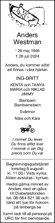 Anders
Westman
* 28 maj 1946
† 28 juli 2024
Anders, du kommer alltid
att finnas i våra hjärtan
INGBRITT
KENTA och TANYA
MARIA och NIKLAS
JIMMY
Barnbarn
Barnbarnsbarn
Svärmor
Nära och Kära
I minnet Du lever
Du finns alltid kvar
I minnet vi ser Dig
precis som Du var
Begravningsgudstjänst
torsdag 8 augusti
kl. 11.00 i Vists kyrka.
Akten avslutas i kyrkan.
Hedra gärna minnet av
Anders med en gåva
till Diabetesfonden
tel. 08-564 821 00 och
tänd ett ljus för honom
på lenbergs.se
Varmt tack till all personal på
URC för fint bemötande.
