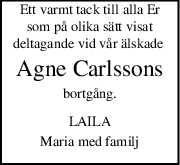 Ett varmt tack till alla Er
som på olika sätt visat
deltagande vid vår älskade 
Agne Carlssons
bortgång.
LAILA
Maria med familj

