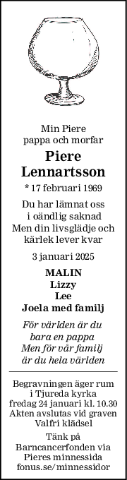 Min Piere
pappa och morfar
Piere
Lennartsson
* 17 februari 1969
Du har lämnat oss
 i oändlig saknad
Men din livsglädje och
kärlek lever kvar
3 januari 2025
MALIN
Lizzy
Lee
Joela med familj
För världen är du 
bara en pappa 
Men för vår familj 
är du hela världen
Begravningen äger rum
 i Tjureda kyrka 
fredag 24 januari kl. 10.30
Akten avslutas vid graven
Valfri klädsel
Tänk på
Barncancerfonden via
Pieres minnessida
fonus.se/minnessidor
