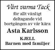 Vårt varma Tack
för allt vänligt
deltagande vid
bortgången av vår kära
Asta Karlsson
KJELL
Barnen med familjer
