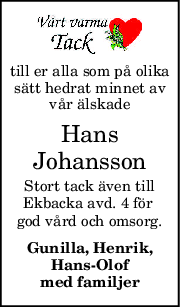 till er alla som på olika
sätt hedrat minnet av
vår älskade
Hans
Johansson
Stort tack även till
Ekbacka avd. 4 för 
god vård och omsorg.
Gunilla, Henrik,
HansOlof
med familjer
