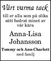 till er alla som på olika
sätt hedrat minet av
vår kära
AnnaLisa
Johansson
Tommy och AnnCharlott
med familj
