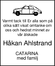 Varmt tack till Er alla som på
olika sätt visat omtanke om
oss och hedrat minnet av
vår älskade
Håkan Ahlstrand
CATARINA 
med familj
