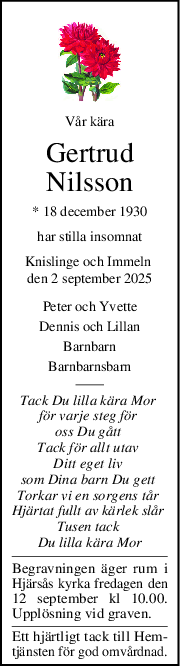 Vår kära
Gertrud
Nilsson
* 18 december 1930
har stilla insomnat
Knislinge och Immeln 
den 2 september 2025
Peter och Yvette
Dennis och Lillan
Barnbarn
Barnbarnsbarn
Tack Du lilla kära Mor 
för varje steg för 
oss Du gått 
Tack för allt utav 
Ditt eget liv 
som Dina barn Du gett 
Torkar vi en sorgens tår 
Hjärtat fullt av kärlek slår 
Tusen tack 
Du lilla kära Mor
Begravningen äger rum i
Hjärsås kyrka fredagen den
12 september kl 10.00.
Upplösning vid graven.
Ett hjärtligt tack till Hem-
tjänsten för god omvårdnad.
